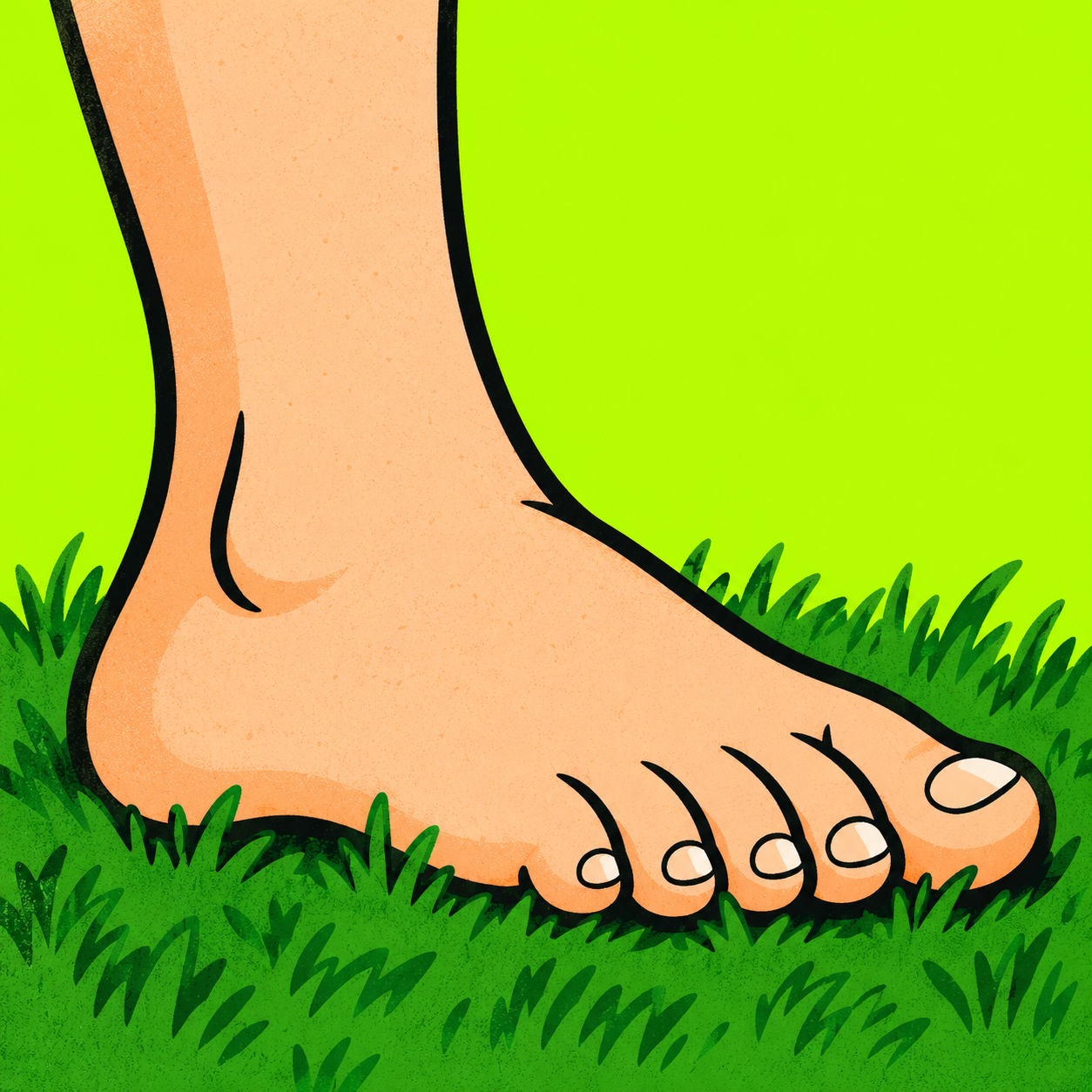 Retro cartoon foot touching grass inside the Touchie workshop